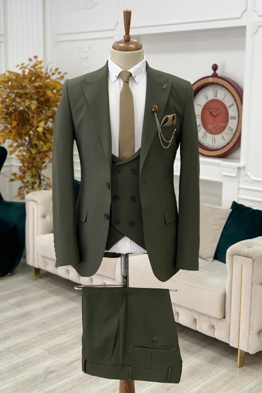 Dark Green Peaked Lapel Three Pieces New Arrival Prom Suits-BMbridal