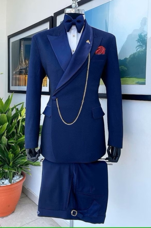 Dark Blue Peaked Lapel Two Pieces Stylish Prom Suits-BMbridal