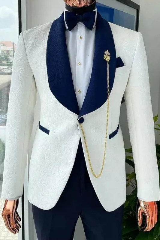 Chic White Jacquard Wedding Suits With Navy Blue Shawl Lapel-BMbridal