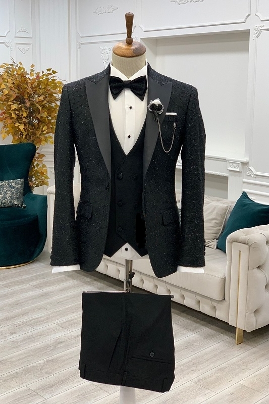 Formal Black Jacquard Peaked Lapel Three Pieces Prom Suits-BMbridal