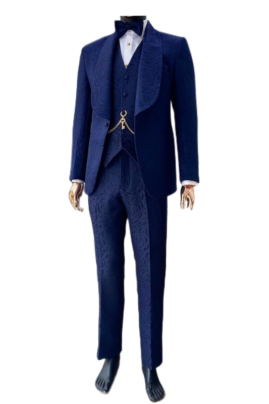Navy Blue Shawl Lapel Three Pieces Close Fitting Wedding Suits-BMbridal