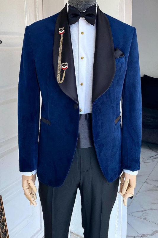New Arrival Navy Blue Wedding Suits With Black Shawl Lapel-BMbridal