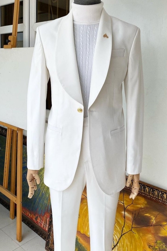 Simple White Shawl Lapel Two Pieces Wedding Suits-BMbridal