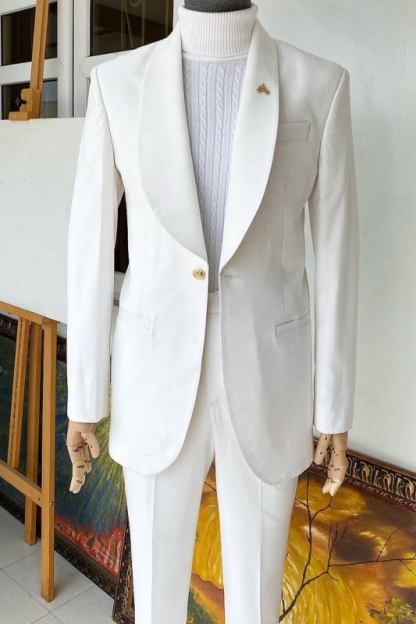 Simple White Shawl Lapel Two Pieces Wedding Suits-BMbridal