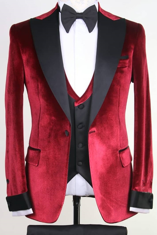 Newest Burgundy Peaked Lapel Three Pieces Velvet Prom Suits-BMbridal