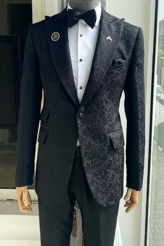 Modern Black Peaked Lapel Two Pieces Jacquard Prom Suits-BMbridal