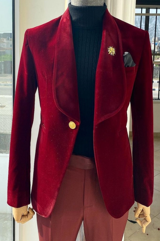 Burgundy Shawl Lapel Two Pieces Slime Fit Velvet Wedding Suits-BMbridal