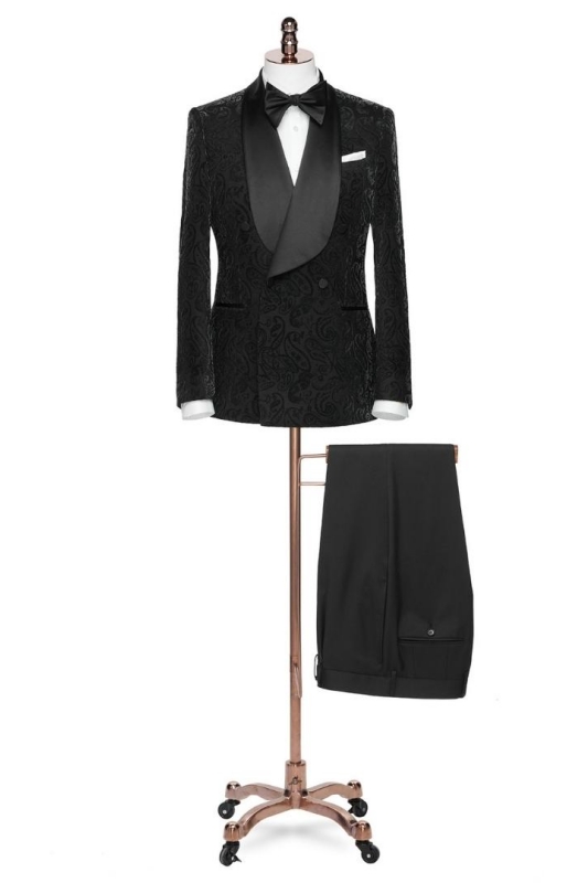Formal Black Shawl Lapel Double Breasted Jacquard Wedding Suits-BMbridal