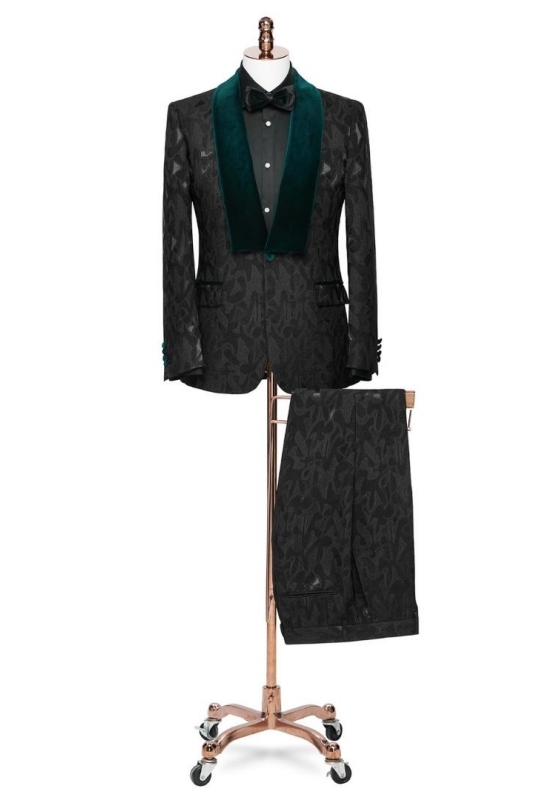 Stylish Black Jacquard Wedding Suits With Dark Green Velvet Shawl Lapel-BMbridal