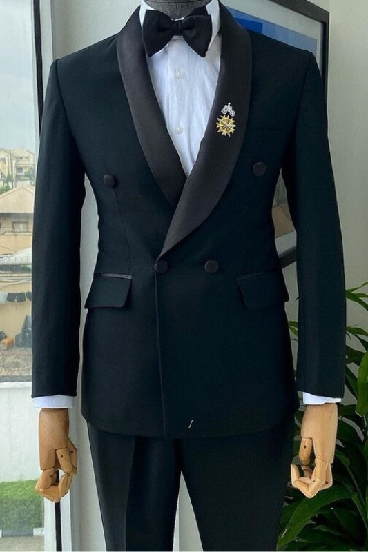 Bespoke Black Shawl Lapel Double Breasted Double Breasted Wedding Suits