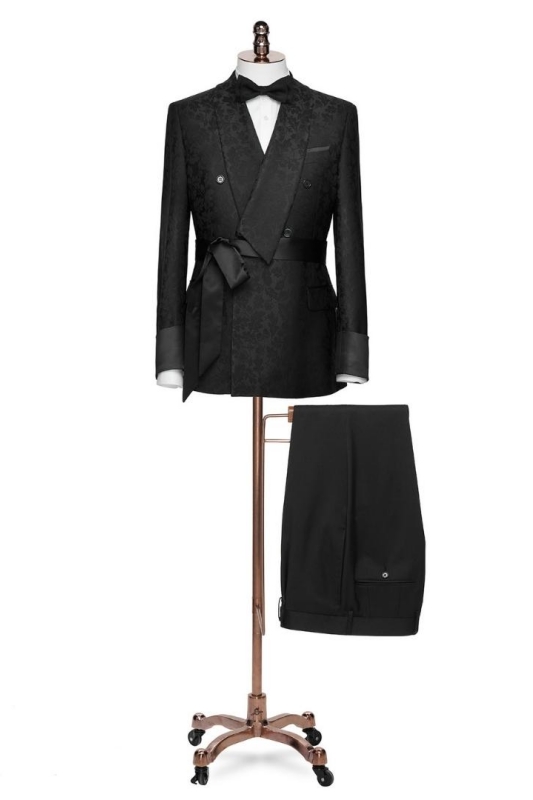 Black Jacquard Shawl Lapel Double Breasted Bespoke Wedding Suits-BMbridal