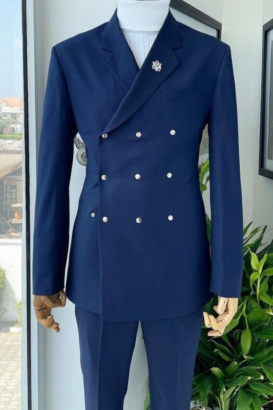 Double Breasted Navy Blue Notched Lapel Slim Fit Prom Suits-BMbridal