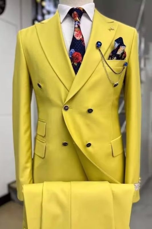 Fancy Yellow Peaked Lapel Double Breasted Prom Suits-BMbridal