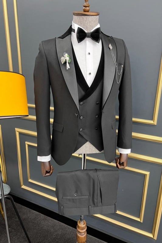 Dark Gray Peaked Lapel Three Pieces Bespoke Prom Suits-BMbridal
