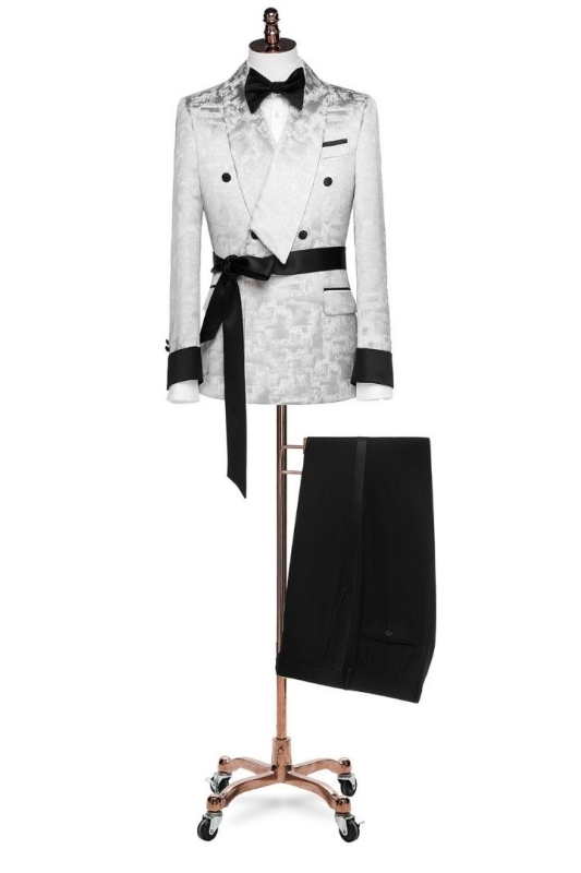 Special Slivery Jacquard Shawl Lapel Double Breasted Wedding Suits-BMbridal