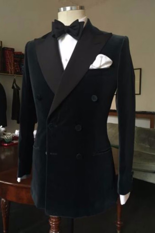 Double Breasted Black Peaked Lapel Newest Velvet Prom Suits-BMbridal
