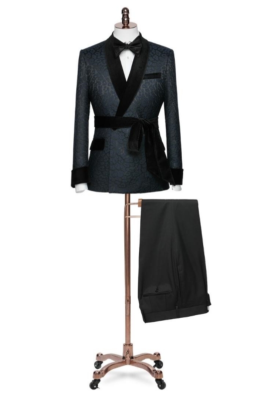 Chic Navy Blue Shawl Lapel Two Pieces Jacquard Wedding Suits-BMbridal