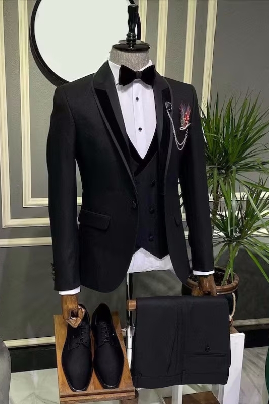 Black Shawl Lapel Three Pieces Slim Fit Wedding Suits-BMbridal