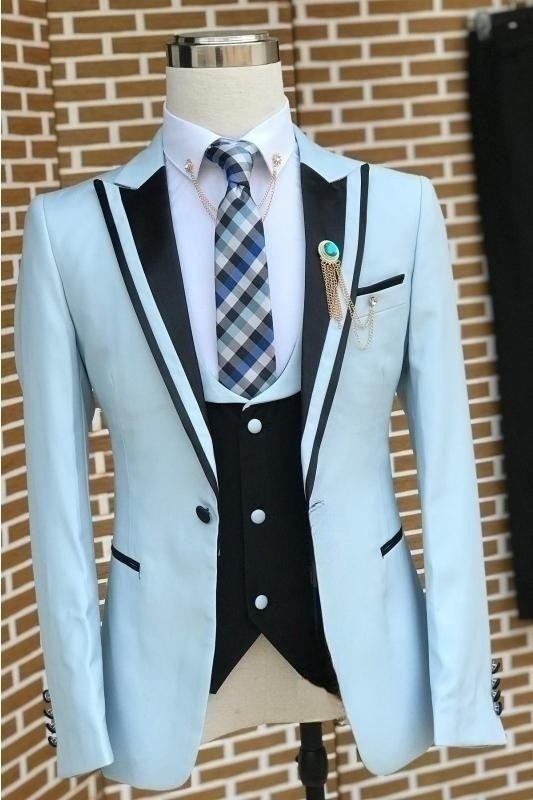 Fancy Light Blue Three Pieces Prom Suits With Black Lapel-BMbridal