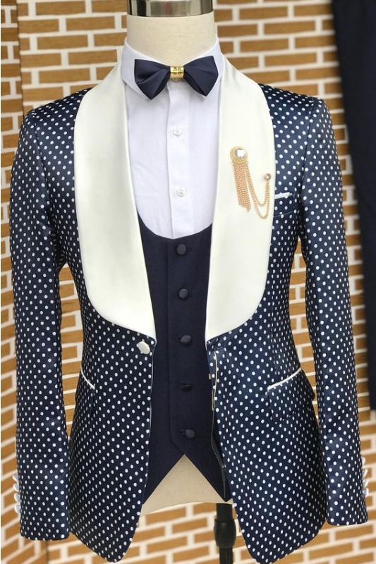 Fashion Navy Blue Shawl Lapel Three Pieces Dot Wedding Suits-BMbridal