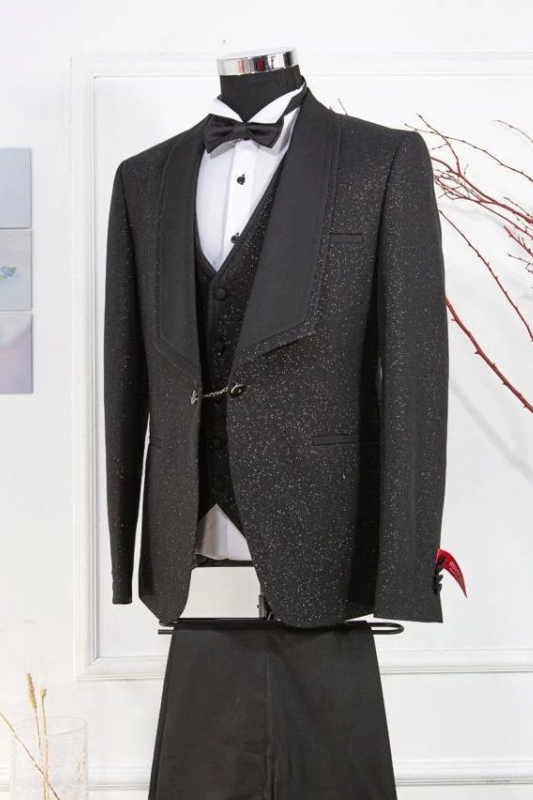 Classic Black Shawl Lapel Three Pieces Sequins Wedding Suits-BMbridal