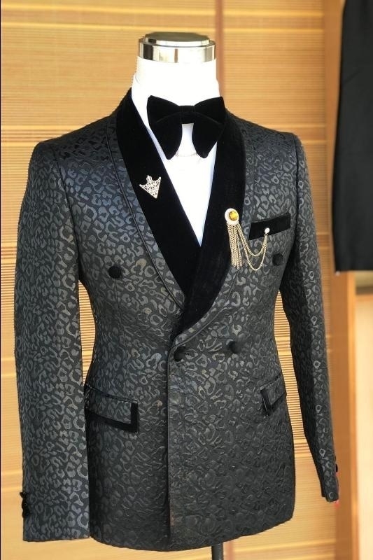 Black Shawl Lapel Double Breasted Slim Fit Jacquard Wedding Suits-BMbridal