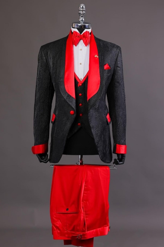 Chic Black Jacquard Three Pieces Wedding Suits With Red Lapel-BMbridal