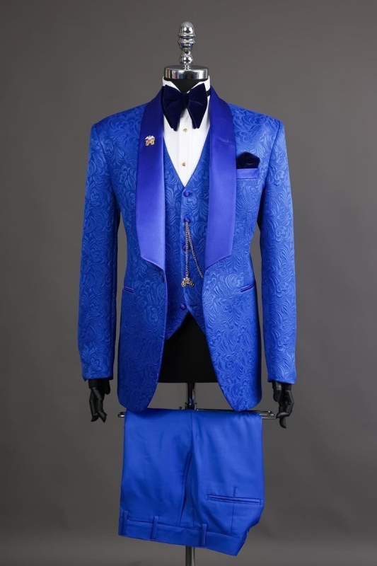 Royal Blue Jacquard Shawl Lapel Three Pieces Bespoke Wedding Suits-BMbridal