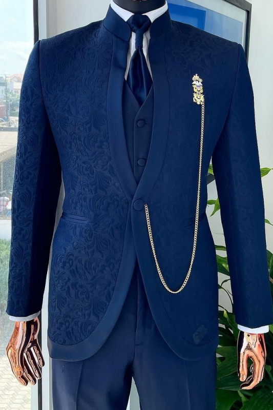 Classic Navy Blue Shawl Lapel Three Pieces Wedding Suits-BMbridal