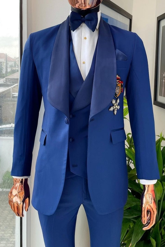 Fancy Blue Three Pieces Wedding Suits With Navy Blue Shawl Lapel-BMbridal