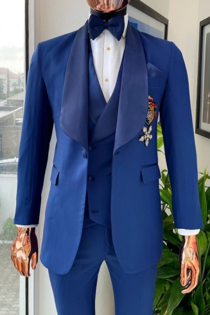 Fancy Blue Three Pieces Wedding Suits With Navy Blue Shawl Lapel-BMbridal