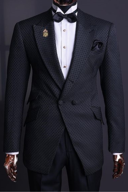 Classic Black Peaked Lapel Double Breasted Jacquard Prom Suits-BMbridal