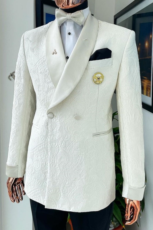 Bespoke White Shawl Lapel Double Breasted Jacquard Wedding Suits-BMbridal