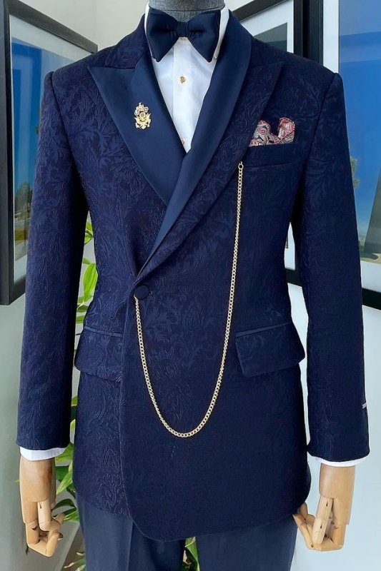 Navy Blue Peaked Lapel Two Pieces Close Fitting Prom Suits-BMbridal