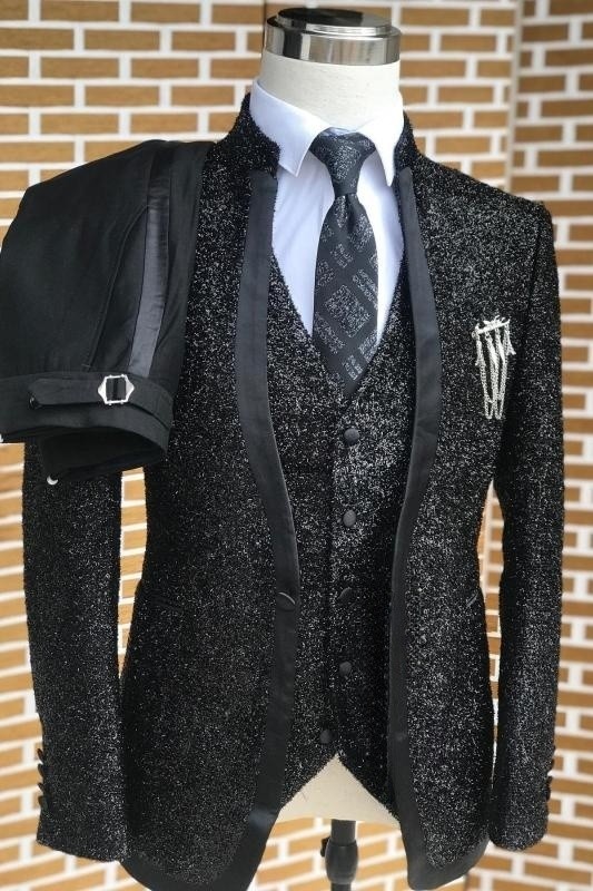 Stylish Black Sequins Shawl Lapel Three Pieces Wedding Suits-BMbridal