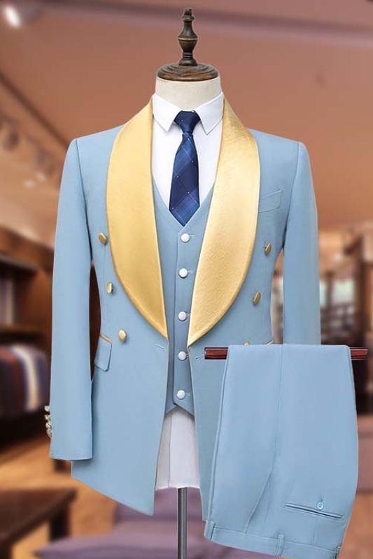 Three Pieces Light Blue Bespoke Wedding Suits With Satin Lapel-BMbridal