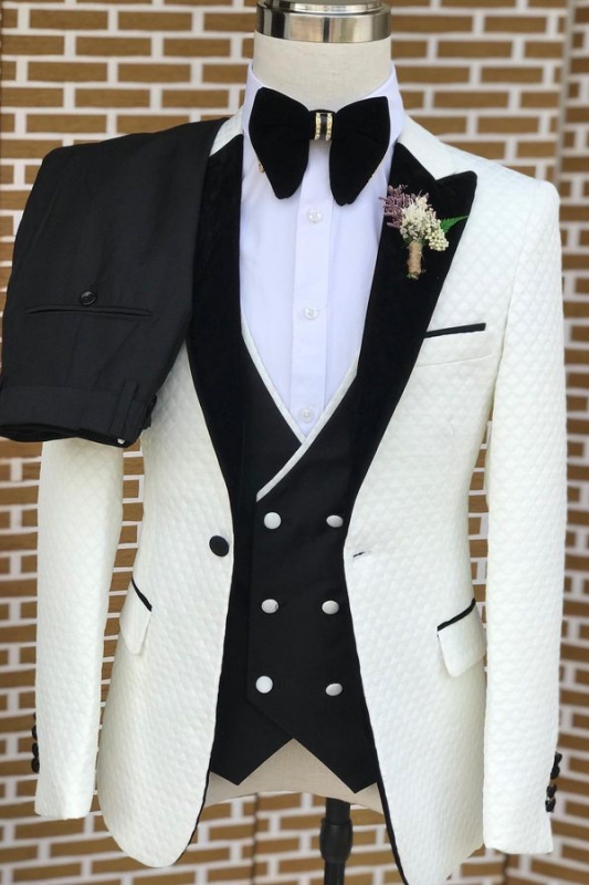 White Peaked Lapel Three Pieces Slim Fit Jacquard Prom Suits-BMbridal