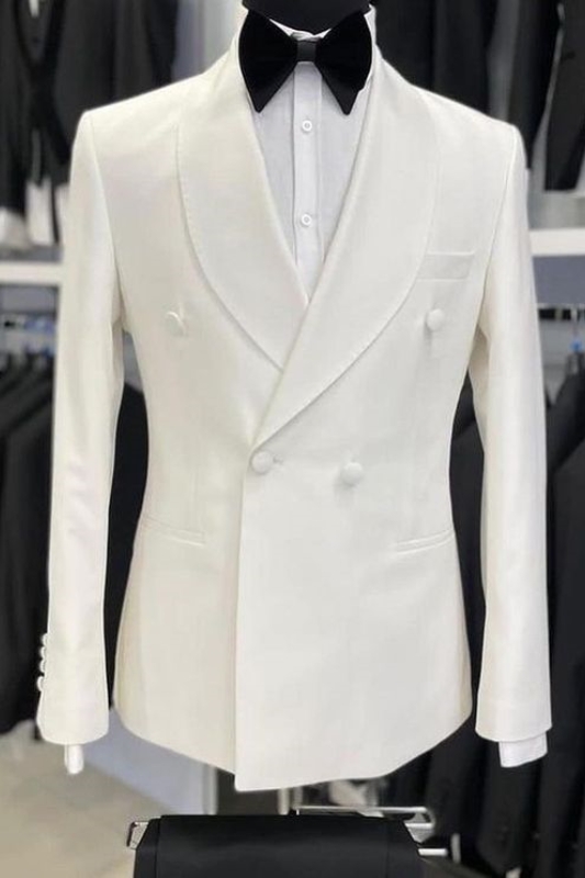 Simple White Shawl Lapel Double Breasted Wedding Suits-BMbridal