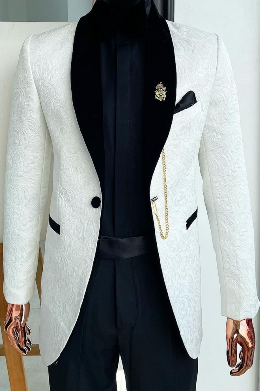 Slim Fit White Jacquard Wedding Suits With Black Shawl Lapel-BMbridal
