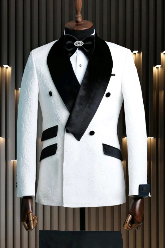 Bespoke White Jacquard Wedding Suits With Black Velvet Lapel-BMbridal