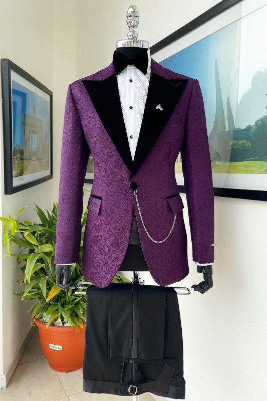 Purple Peaked Lapel Jacquard New Arrival Prom Suits-BMbridal