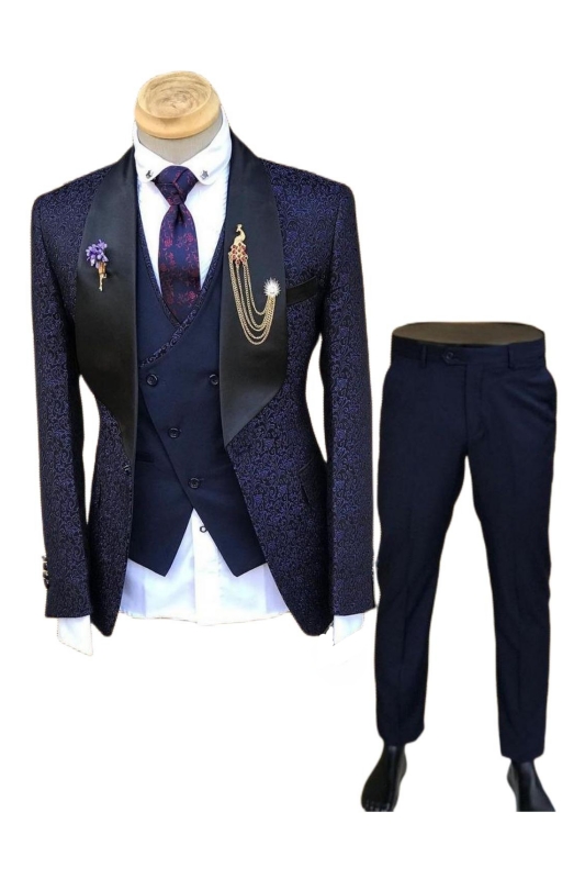 New Arrival Violet Shawl Lapel Three Pieces Jacquard Wedding Suits-BMbridal
