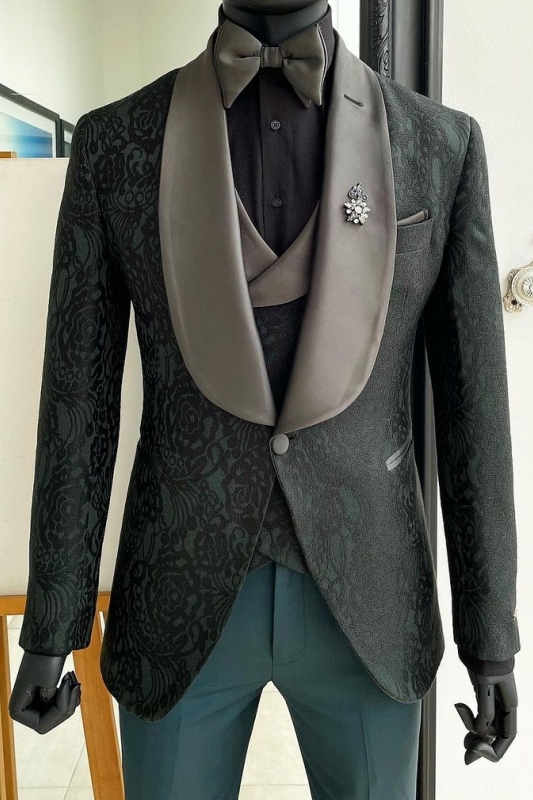 Dark Green Shawl Lapel Three Pieces Slim Fit Jacquard Wedding Suits-BMbridal
