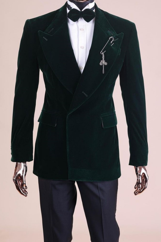 Newest Black Peaked Lapel Two Pieces Velvet Prom Suits-BMbridal