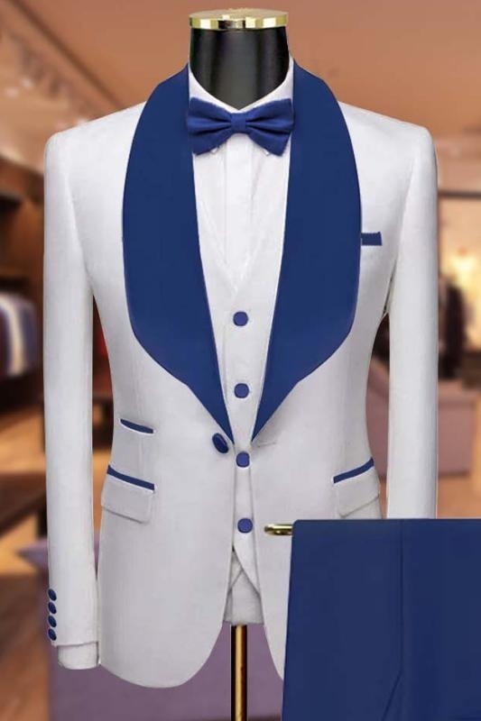 Chic White Three Pieces Wedding Suits With Blue Lapel-BMbridal