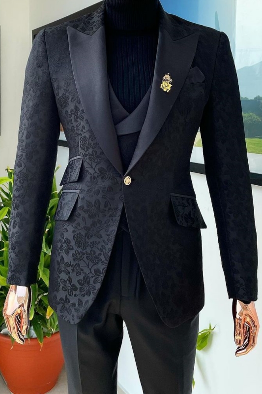 Glamorous Black Peaked Lapel Three Pieces Jacquard Prom Suits-BMbridal