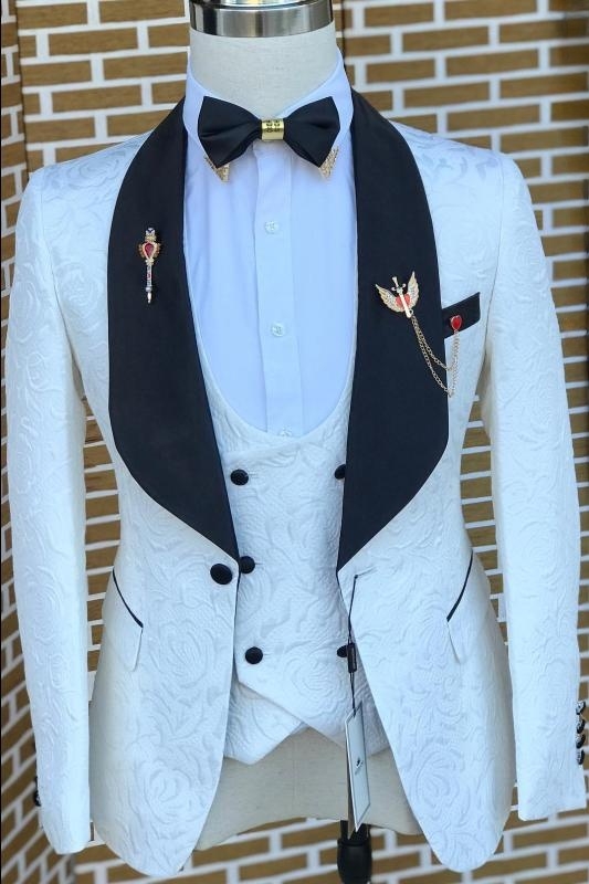 Three Pieces White Jacquard Bespoke Wedding Suits With Black Lapel-BMbridal