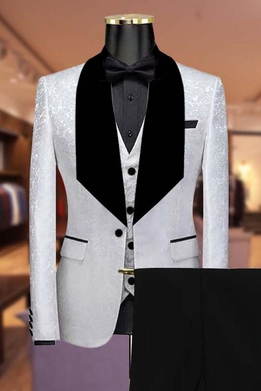 Classic White Jacquard Three Pieces Wedding Suits With Black Lapel-BMbridal