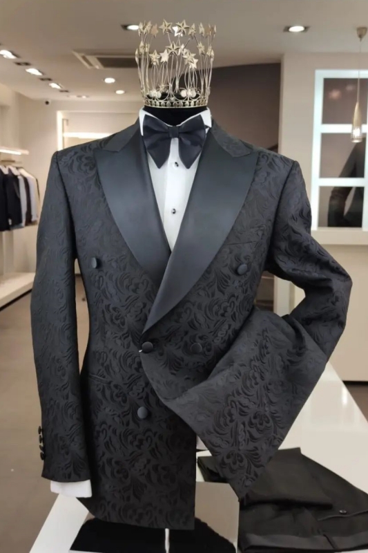 Modern Black Jacquard Double Breasted Prom Suits-BMbridal