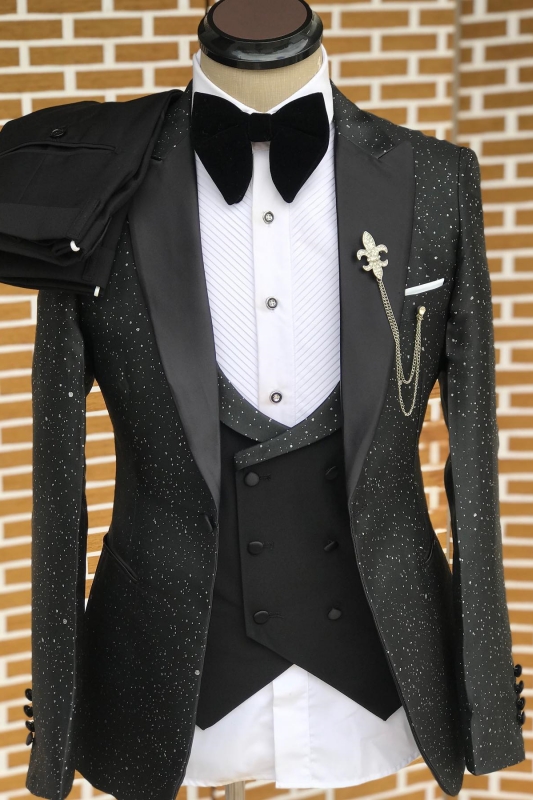Black Peaked Lapel Three Pieces Sequins Close Fitting Prom Suits-BMbridal